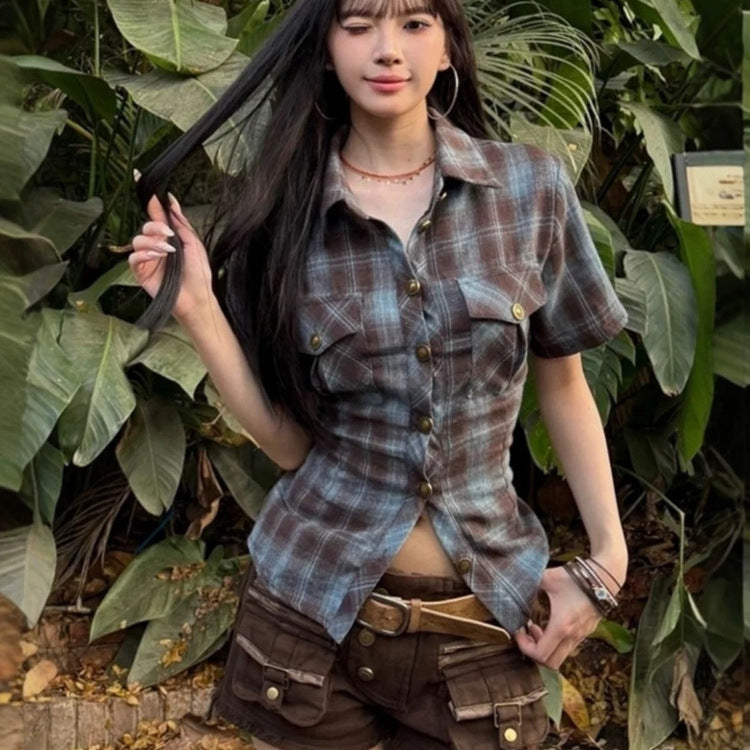 American Hot Girl Backless Lace Up Plaid Shirt Women's Spring And Summer New Slim Fit