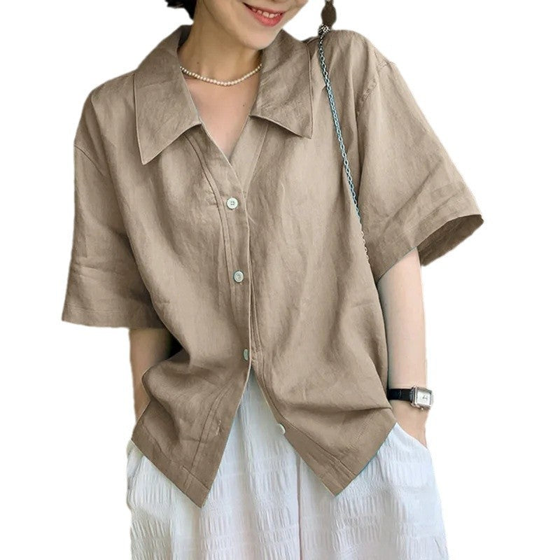 New Retro Loose Solid Color Short Sleeve Shirt