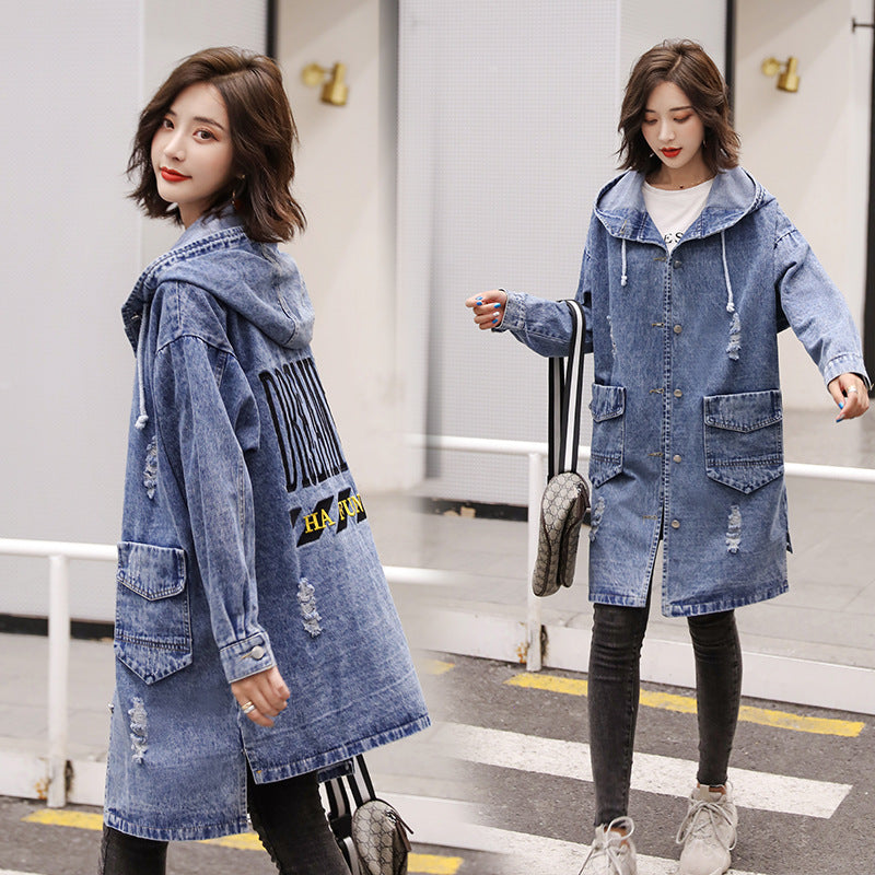 Letter Embroidered Hooded Western Style Denim Jacket