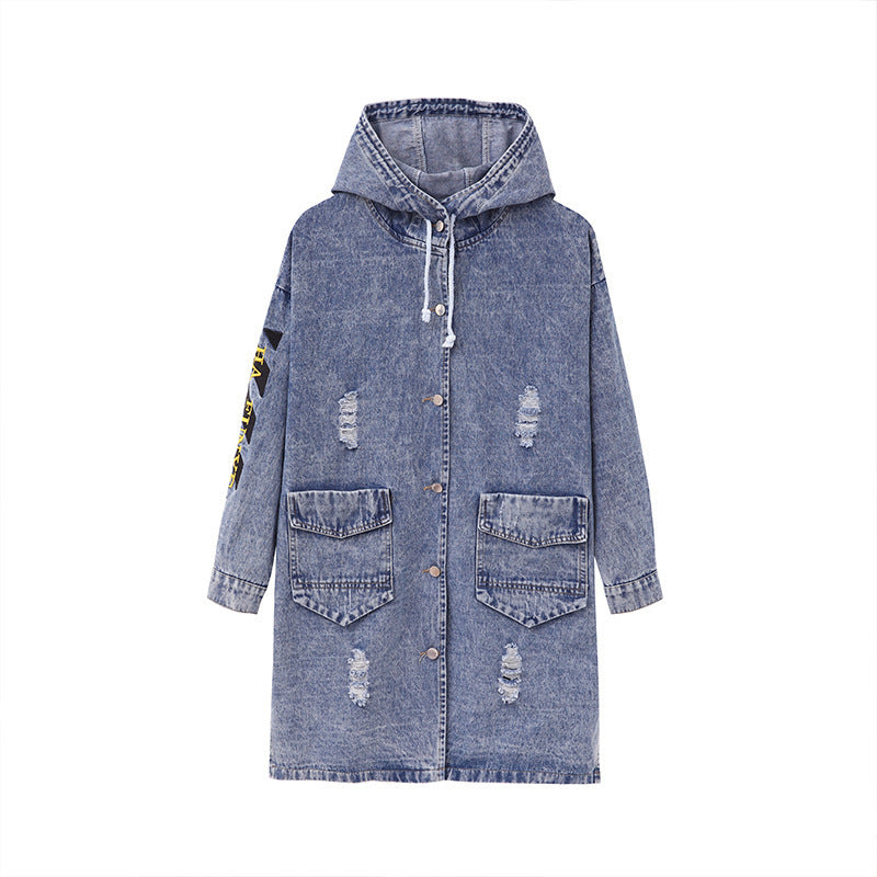 Letter Embroidered Hooded Western Style Denim Jacket