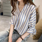 Lace-up Three-quarter Sleeve Striped Shirt For Women