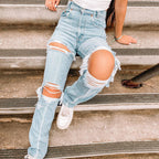 Ladies Denim Pants with Ripped Holes Women's Pants