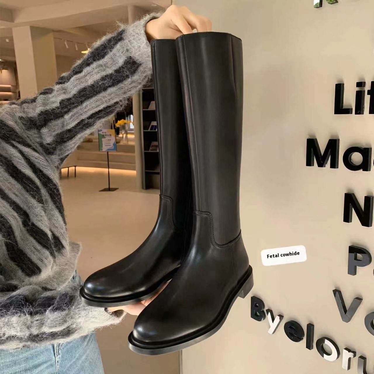 Round Toe Side Zipper Fleece-lined Long Biker Boots Women's Autumn And Winter