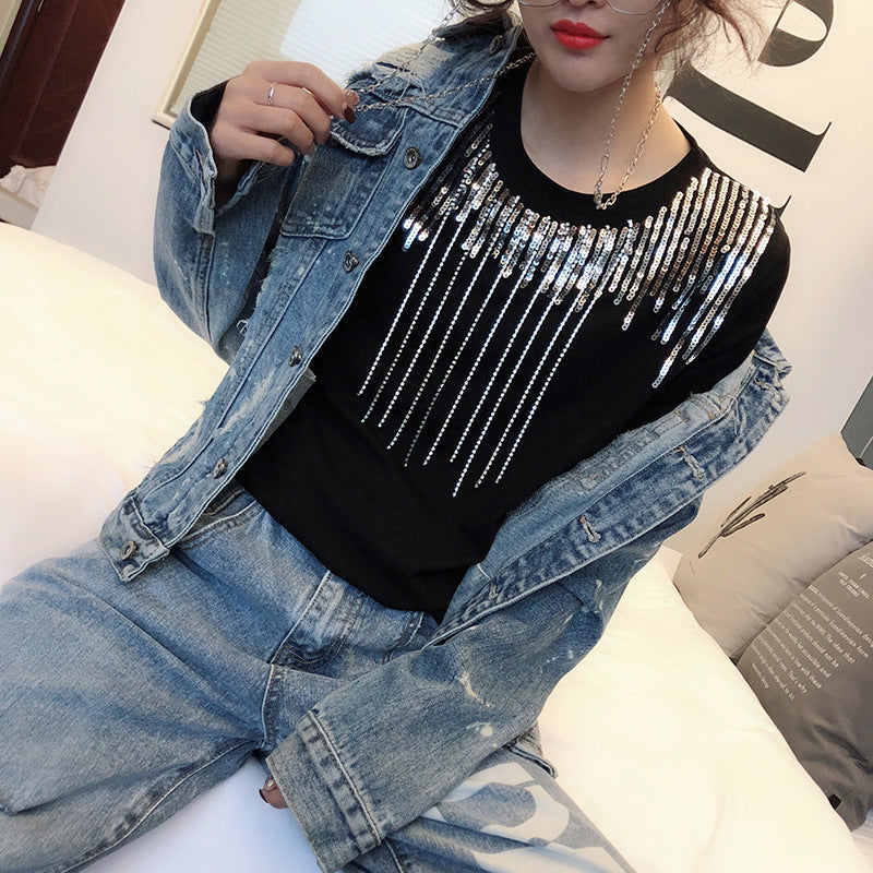 Sequin Rhinestones Tassel Women's Short Sleeve Spring And Summer New