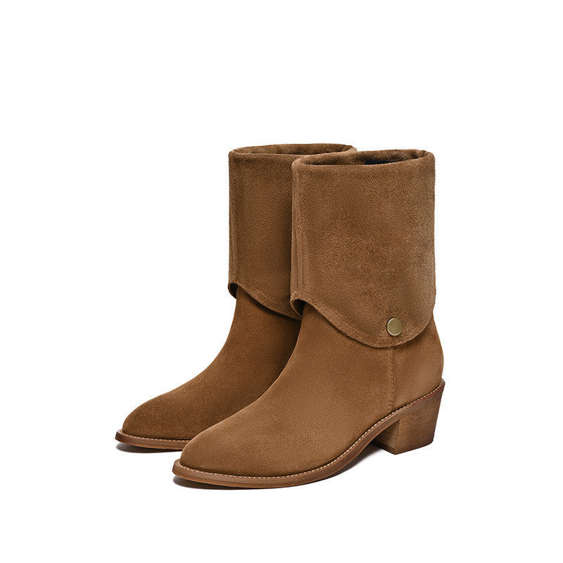 Matte Cowhide Western Denim Pointed-toe Short Tube Boots Fashion Boots Pile Style Boots All-matching