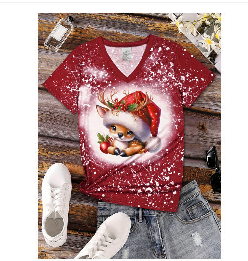Christmas Cartoon Animal Reindeer Christmas Hat Printed Top