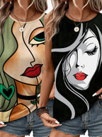 2pcs Summer Abstract Face Printed Round Neck Tank Top