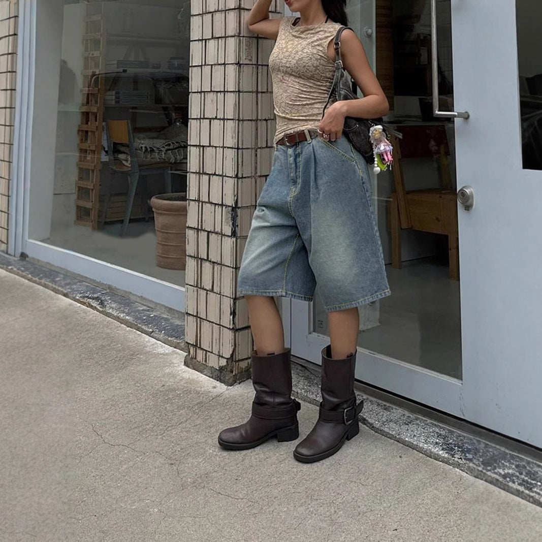 Retro Pleated Wide Leg Straight Denim Shorts Without Belt