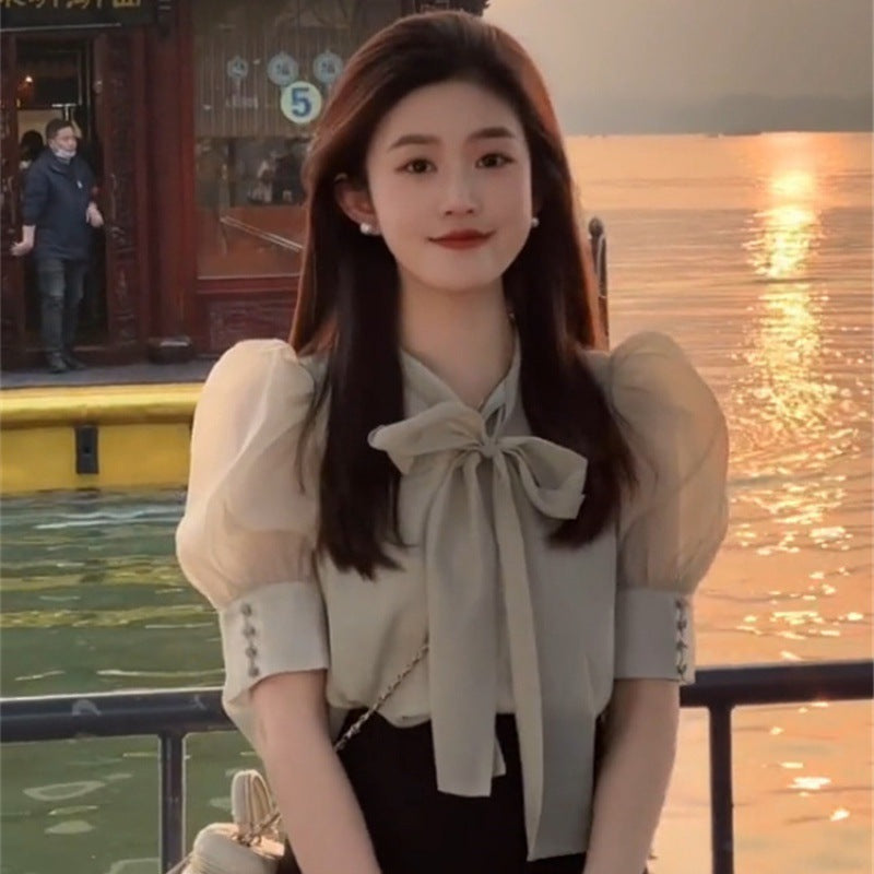 Bow Puff Sleeve Top Women's Design Sense