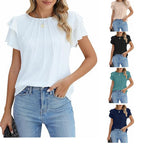 Summer Pleated Short Sleeve Round Neck Top Business Work Shirt